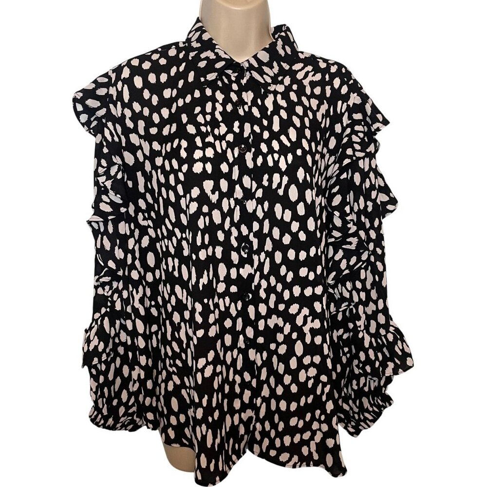 Chicos‎ Blouse Womens Polka Dot Button Up Top Size 2 (12) Ruffle Sleeves Career